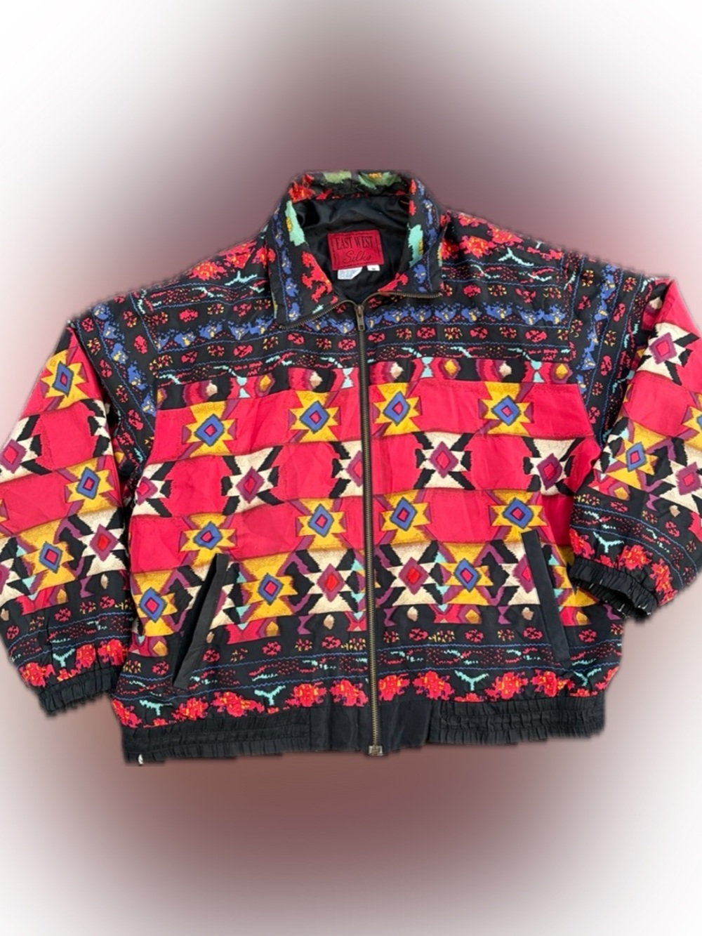 VINTAGE 100% Silk East West Silks Bomber Jacket M Southwestern Geometric 90s